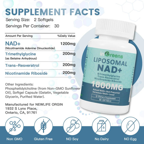 inGreens Liposomal NAD+TMG+RESVERATROL+NİCOTİNAMİDE Supplement 1800 mg 60 Softgel