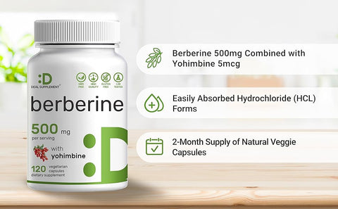 Deal Supplement Berberine Supplement with Yohimbine 500mg Per Serving 120 Veggie Caps