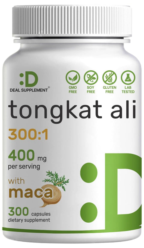 Deal Supplement Tongkat Ali Extract 300:1 400mg & Maca Root 400mg | 300 Capsules