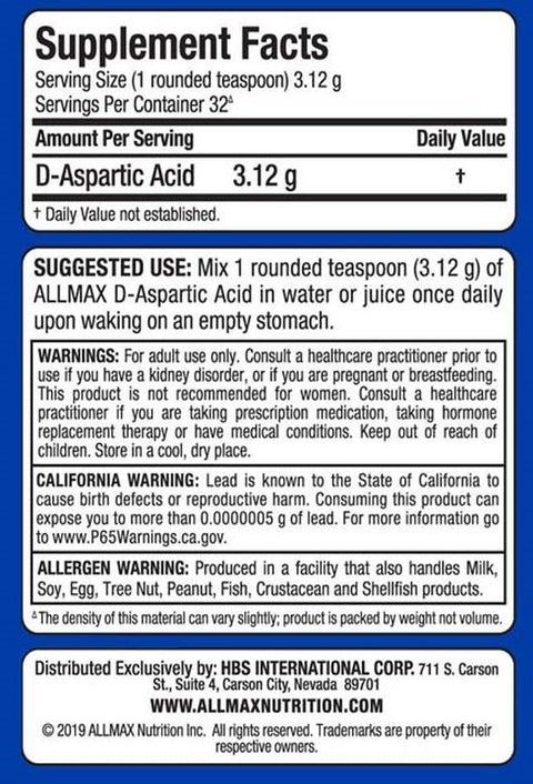 Allmax Daa D-Aspartic Acid (Daa) 100 Grams 32 Servis