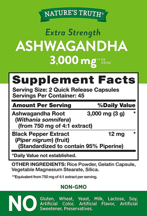 Nature’s Truth Ashwagandha Root 3000 mg 90 Quick Release Capsules