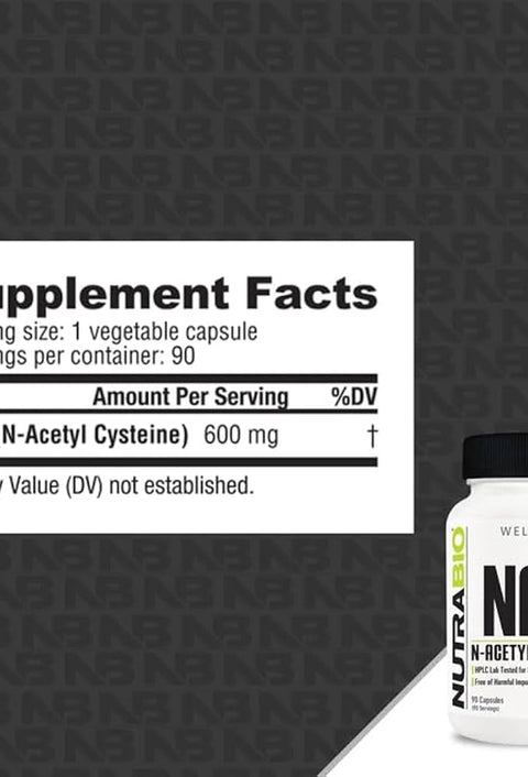 NutraBio NAC N-Acetyl Cysteine 600 mg 90 Veggie Capsules